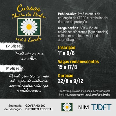 Maria da Penha vai à Escola oferece cursos sobre violência contra a mulher e violência sexual